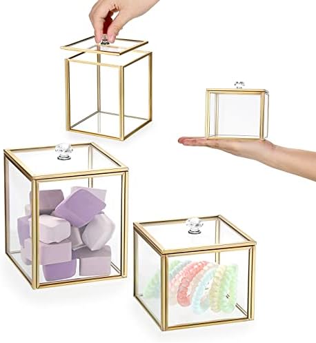 Hipiwe 2 Pack Glass Qtip Holder Dispenser With Lid Gold Bathroom Containers