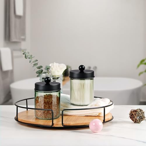 Amolliar Green Glass Apothecary Jar, Qtip Holder for Bathroom, Black 2 Pack