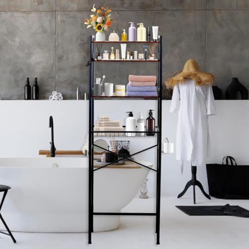 Over The Toilet Storage Shelf, 4-Tier Adjustable Bathroom Organizer with Toilet Paper Holder & Hooks, Metal Space Saver Rack Above Toilet for Bathroom, Kitchen, Black