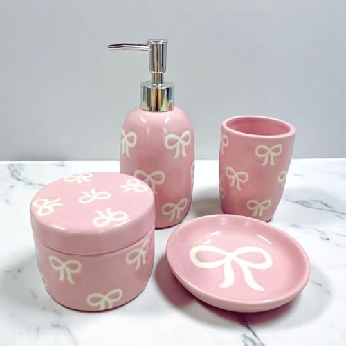 Bow Bathroom Set, 4 Pcs Ceramic Bathroom Accessory Sets - Soap Dispenser, Tumbler Toothbrush Holder, Vanity Soap Tray, Cotton Swab Jars - Pink Bathroom Decor Gift for Her (Pink)