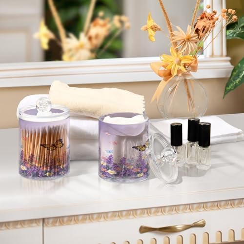 ALAZA Lavender Flower Butterfly Floral 4 Pack Qtip Holder Dispenser for Cotton Swabs, Balls, Pads, Floss 10 oz Plastic Canister Organizer