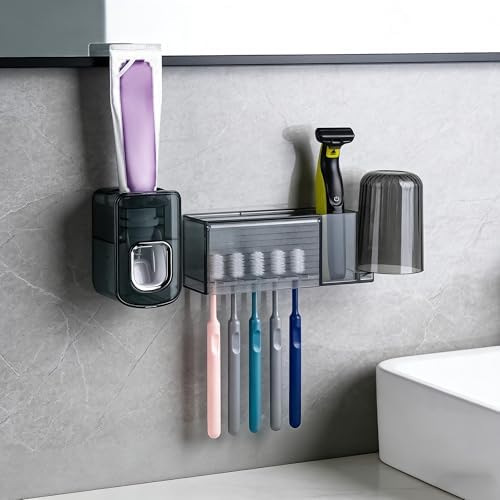 5 Slots Wall Mount Toothbrush Holder with Cover, Self Adhesive Toothbrush Storage Organizer for Shower, Toothbrush Cup Hanger with Automatic Toothpaste Squeezer Dispenser