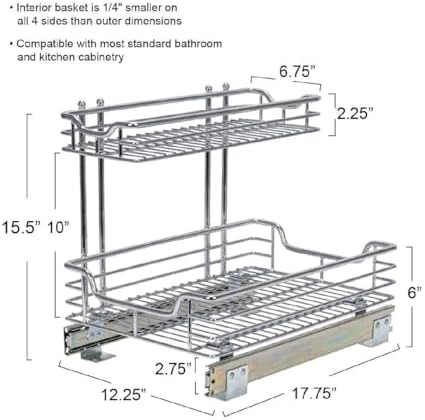 Household Essentials Glidez 2‑Tier Multipurpose Chrome‑Plated Steel Pull‑Out/Slide‑Out Under Sink Organizer, Chrome Finish