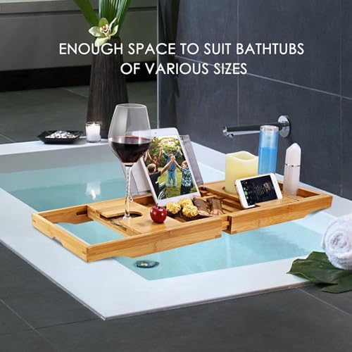 KOCASO Bathtub Caddy Tray,Crafted Bamboo Bathtub Desk Caddy Tray Extendable Reading Rack Tablet Phone Holder Wine Glass Holder Shelf Desk for Bathroom Spa