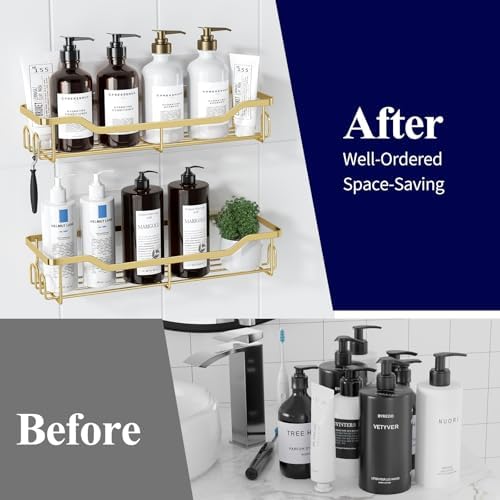 Kitsure Shower Caddy, Adhesive Shower Organizer, Large, Gold