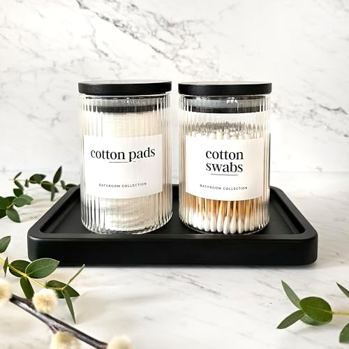 Mason & Fable Ribbed Glass Bathroom Jars & Tray Set | 10 fl oz, Set of 2 Storage Canister with Airtight Black Bamboo Lids | Cotton Pad/Swab/Q tip Holder/Bath Salt/Clear Vanity Apothecary Organizer