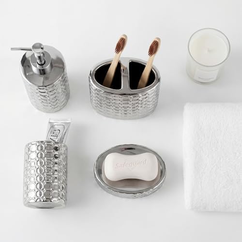 Silver Bathroom Accessories Set, 4 Piece Ceramic Honeycomb Design, Soap Dispenser Pump, Tumbler, Toothbrush Holder, Soap Dish