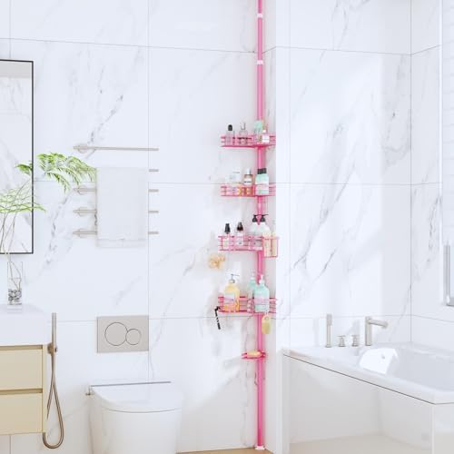 SWTYMIKI Shower Caddy Tension Pole - 4-Tier Corner Shower Organizer, Pink
