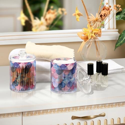 senya Clear Plastic Jars Cotton Swabs Cans, Watercolor Mermaid Scales Bathroom Canisters Storage Organizer with Lids 2PCs Set for Cotton Ball, Cotton Swab, flossers, Hair Bands
