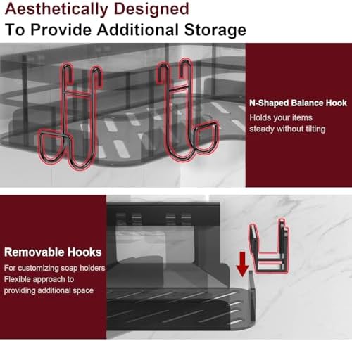 Getsrichfc Large Capacity Shower Caddy, Heavy-Duty Adhesive Shower Organizers with Custom Aesthetic Design Soap, No Drilling Corner Shower Shelves, 5 Hooks for Bathroom Accessories - 3 Pack