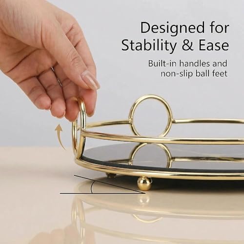 Makeup Organizer Tray, Decorative Glass Vanity Tray for Perfume, Jewelry and Decor, Round Cosmetic Storage for Dresser, Bathroom Counter, Ottoman and Coffee Table, Size 11.4”D x 2.4”H