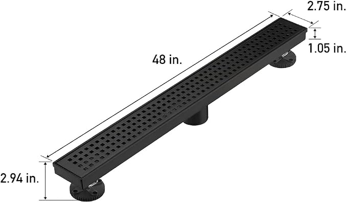 AVSIILE Linear Shower Floor Drain, Matte Black 48 Inch 304 Stainless Steel Bathroom Drains Kit, Long Rectangular Shower Trench Drain with Square Pattern Drain Cover & Hair Catcher