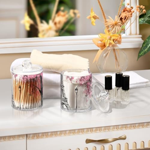 Apothecary Jars Bathroom Storage Organizer with Lid - 14 oz Qtip Holder Dispenser, Pink Paris Tower Clear Plastic Canister for Cotton Swab, Cotton Ball, 2PCS