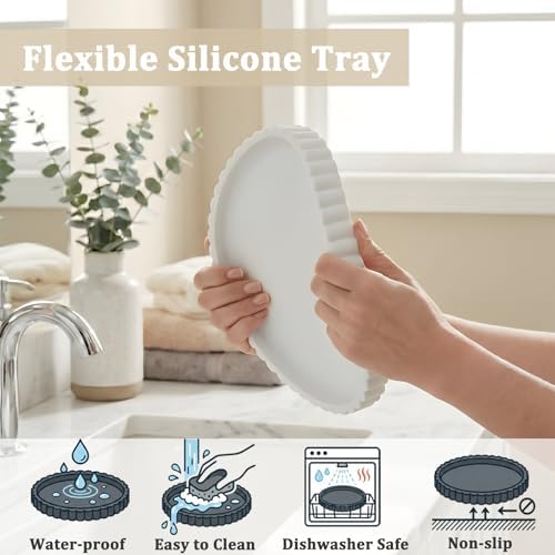 Silicone Bathroom Vanity Tray, Modern Round Decorative Tray for Countertop, Waterproof & Unbreakable Cosmetic Perfume Organizer, Extra-Thick & Sturdy, Easy to Clean Candle Tray (9 inch, White)