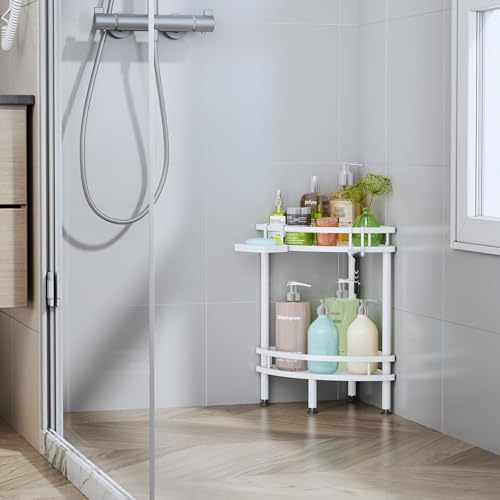 HapiRm Standing Corner Shower Caddy - 2 Tier Shower Organizer Corner with Soap Holder and 4 Hooks, Rustproof Bathroom Storage Shelves with Adhesives, White