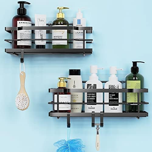 Moforoco Shower Caddy Organizer (2 Pack), Suction Cup Self Adhesive Black Home Bathroom Accessories Essentials Shampoo Rack Storage and Storage, Home Baño Shower Interior Wall Decor (Matte Black)
