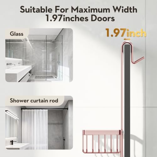 Over the Door Shower Caddy Hanging With Double Soap Holder Never Rust Aluminum Shower Shelf With 4 Hooks Hanging Bathroom Organizer No Drilling Shelves for Bathroom Storage Pink