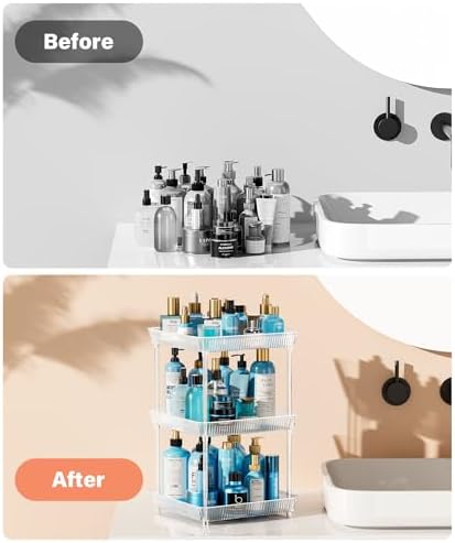 2 Tier Lazy Susan Bathroom Countertop Organizer, 360° Clear Rotating Square Storage Tray, Cosmetics and Perfume Organizer, Spinning Storage Tray Vanity Organizer Shelf for Bathroom Cabinet, Kitchen