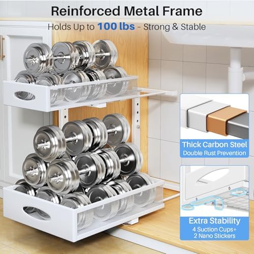 Under Sink Organizer, 2 Tier Pull Out Under Cabinet Organizer Shelf with Pad for Framed Cabinets, Metal Slide Out Under Sink Storage, Mesh Sliding Drawers for Kitchen Bathroom Laundry(White, 1 Pack)
