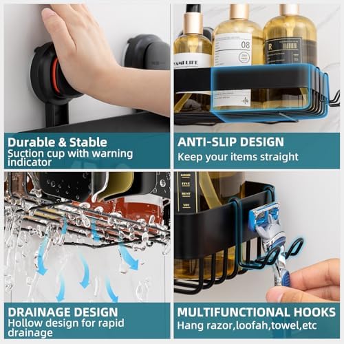 TAILI Shower Caddy Suction Cup Rustproof Metal Visible indicator Black