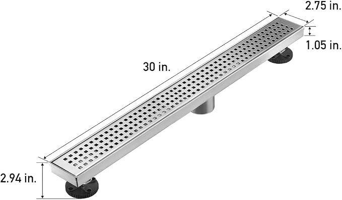 AVSIILE Linear Shower Floor Drain, Brushed Nickel 30 Inch 304 Stainless Steel Bathroom Drains Kit, Long Rectangular Shower Trench Drain with Square Pattern Drain Cover & Hair Catcher