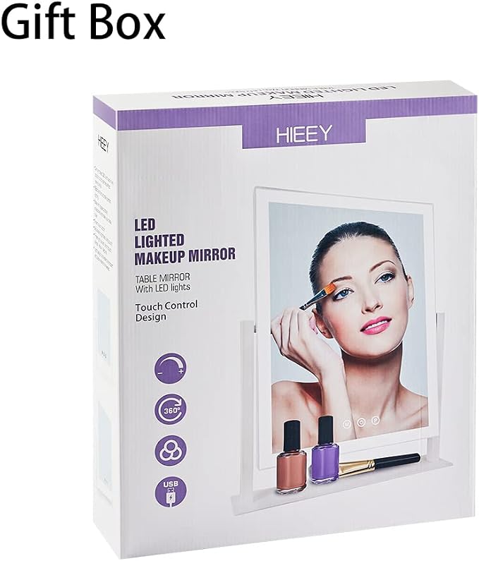 HIEEY Lighted Makeup Mirror, 14.1" x 12.1" Hollywood Vanity Mirror with Lights, Three Color Lighting Modes, and 5X Magnification Mirror, Smart Touch Control, 360°Rotation (White,Gift Box)