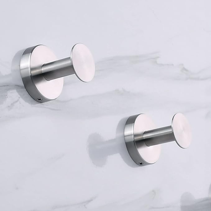 NEWRAIN Bathroom Towel Hooks, 2 Pack Towel Holder for Bathroom Wall, Cabinet Closet Door, Kitchen, Bedroom, Hotel - Modern Design Effortless Mounting Towel Hangers, Robe Hook Brushed Nickel