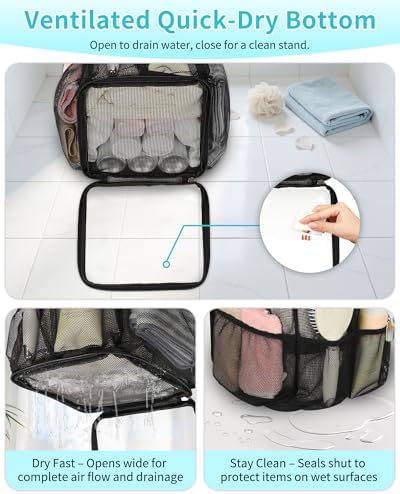 CUBETASTIC Mesh Shower Caddy Portable - Large Capacity Shower Tote for College Dorm Essentials, Bathroom, Gym, Camping, 360° Hanging Hook & 4 Pockets Travel Toiletry Bag (A# Black, 8.6"×8.6"×9.8")