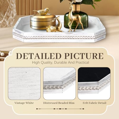 Wooden Decorative Tray, Rustic Serving Tray with Wood Bead, Farmhouse Big Tray for Ottoman, Countertop, Coffee Tabl, 16.5" x 13"x 1.6" (Retro White)