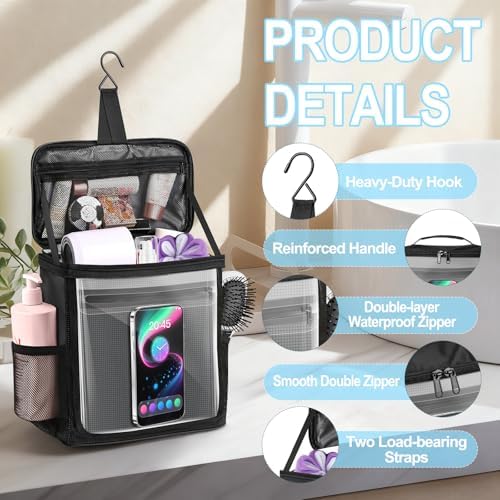 Hanging Shower Caddy Portable, Travel Toiletry Bag for Men & Women, Large Capacity with Hook,Dorm Room Essentials With Waterproof Phone Compartment, for Bathroom, Picnic, Gym, Travel(Black)