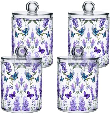 MNSRUU 2 Pack Qtip Holder Organizer Dispenser Butterfly Lavender Bathroom Storage Canister Cotton Ball Holder Bathroom Containers for Cotton Swabs/Pads/Floss