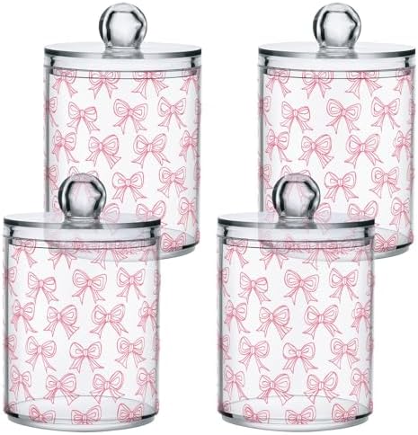 2 Pack Qtip Holder Dispenser with Lids, Cute Pink Bows Plastic Storage Containers, Bathroom Canisters Organizer for Cotton Swab, Cotton Round Pads, Floss 21219887