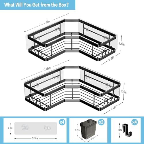 AKTECKE Corner Shower Caddy, 2 Pack Adhesive Shower Corner Organizer Shelves, No Drilling Stainless Steel Shower Storage Rack with Hooks&Toothpaste Holder for Bathroom Kitchen (for 90° Corners Only)