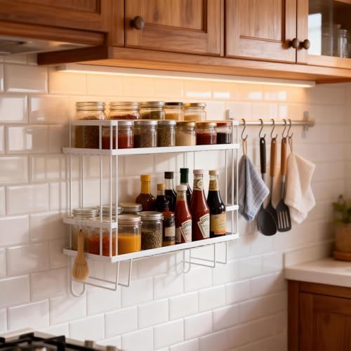 Over The Toilet Storage Rack - Bathroom Organizer Shelf, 2-Tier Floating Shelves with Hooks, No-Drill, Toilet Paper Holder for Restroom Bathroom Vanity Kitchen (White)