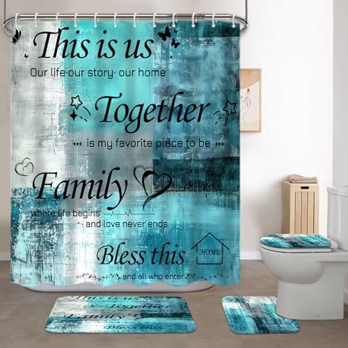 Lnond 4Pcs Shower Curtain Set with Toilet Lid Cover and Non-Slip Rugs for Bathroom,Turquoise Abstract Motivational Bathroom Sets with Shower Curtain and Rugs