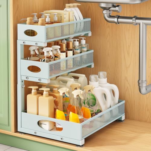 Kitstorack Under Sink Organizer 3-Tier Slide Out Drawer 1-Pack LightBlue