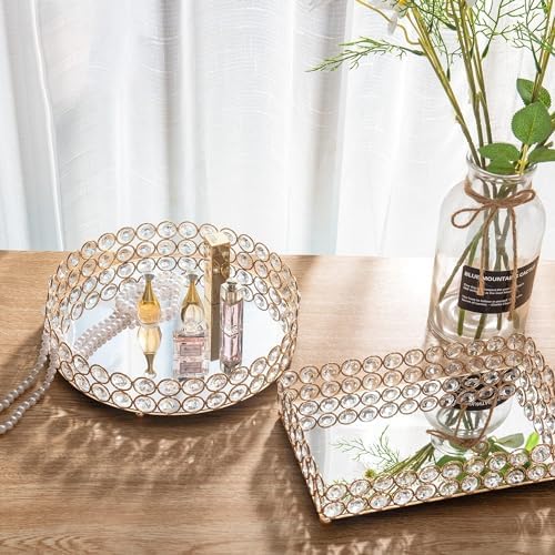 Feyarl Crystal Perfume Tray Makeup Cosmetic Vanity Organizer Jewelry Trinket Display Storage Mirrored Decorative Tray Skin Care Tray for Dresser Home Deco Birthday Gift(Round 10" inch) (Gold)