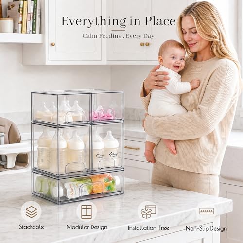 TIPGO Clear Stackable Storage Drawers, Baby Bottle Organizers, Easily-Access Makeup Organizer, Durable Containers for Bathroom Countertop, Pantry and Medicine Cabinet Organizer
