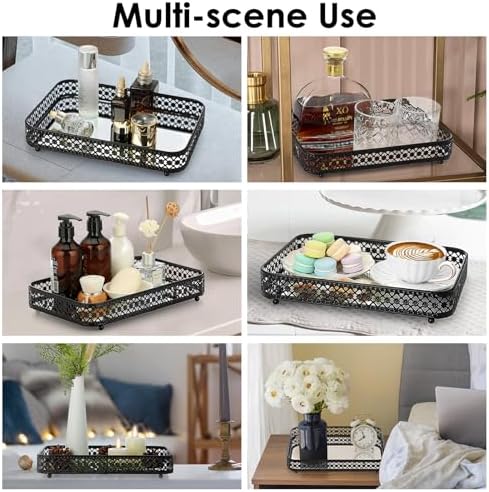 ELLDOO Black Mirror Glass Perfume & Makeup Vanity Tray, Medium Size