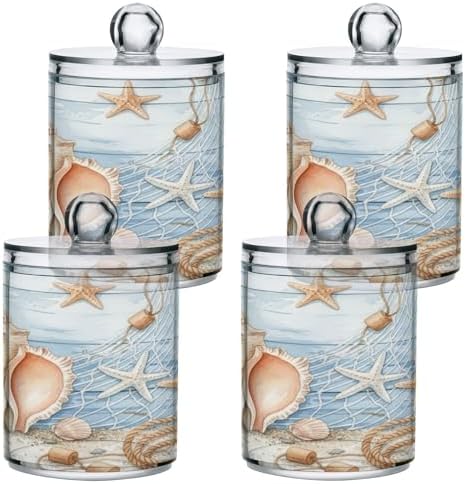 MNSRUU 2 Pack Qtip Holder Organizer Dispenser Summer Beach Conch Seashell Bathroom Storage Canister Plastic Cotton Ball Holder Bathroom Containers for Cotton Swabs/Pads/Floss