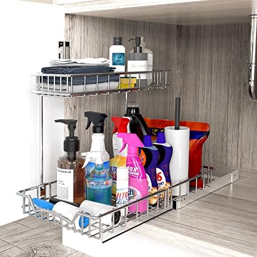 Simple Houseware 2-Tier (L+M) Pull Out Under Cabinet Sliding Shelf, Chrome