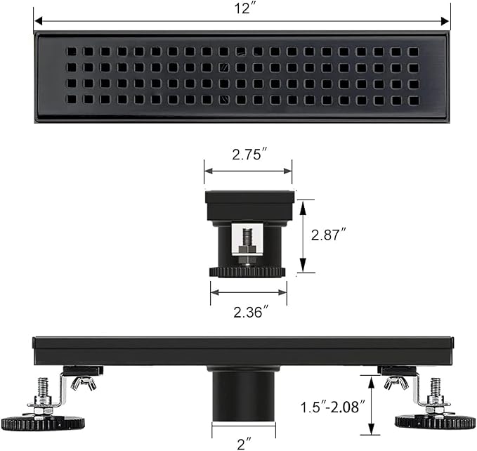 Linear Shower Drain, 12 inch Black Drain with Removable Grate Cover, Brushed 304 Stainless Steel Shower Floor Drain, Linear Drain with Hair Strainer and Adjustable Feet