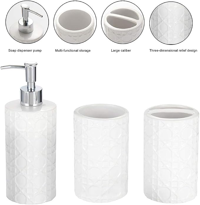 CAA'S Bathroom Accessories Set Ceramic 4 Pieces Bathroom Ensemble for Bath Decor Includes Lotion Dispenser Toothbrush Holder Tumbler Soap Dish (White Netting)