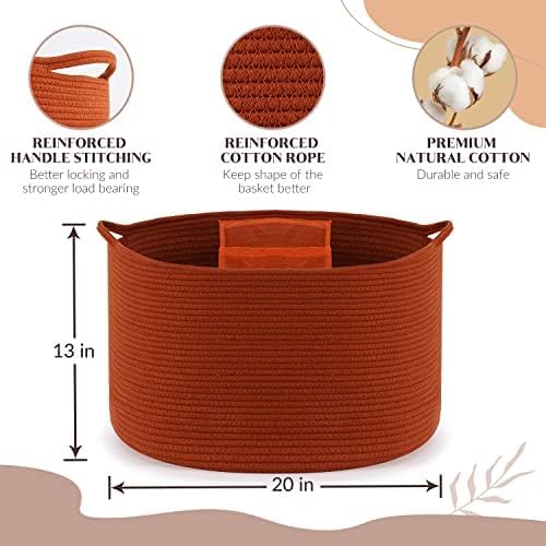 XXL Large Cotton Rope Basket - Maliton Large Storage for Blankets, Towels, Pillows - Round Toy Basket - Woven Laundry Hamper with Handles - 22" x 22" x 14" Nursery Hamper Bin, Burnt Orange
