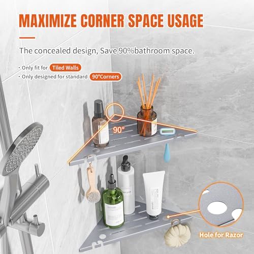 Shower Corner Shelf Organizer Rack with Hooks & Razor Hole, 2Pack-Silver