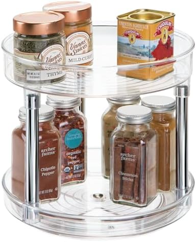 iDesign 9-Inch Recycled Plastic 2-Tier Lazy Susan Organizer, Clear/Chrome