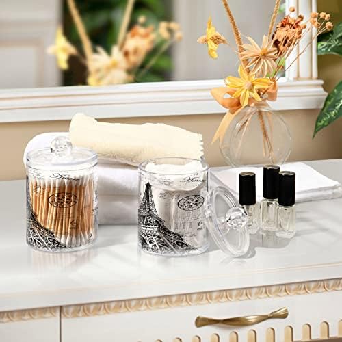 Apothecary Jars Bathroom Storage Organizer with Lid - 14 oz Qtip Holder Dispenser, Paris Eiffel Tower Clear Plastic Canister for Cotton Swab, Cotton Ball, 2PCS