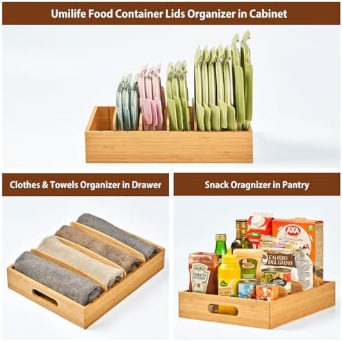 Umilife Large Bamboo Food Container Lid Organizer for Kitchen Cabinet