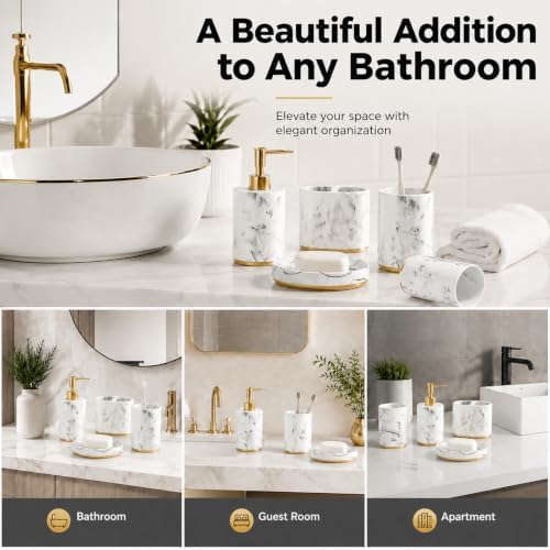 5 Piece Bathroom Accessories Set, Marble Resin Bathroom Set with Soap Dispenser, Toothbrush Holder, Soap Dish and Tumblers, Modern Bathroom Countertop Decor with Gold Accents (White)