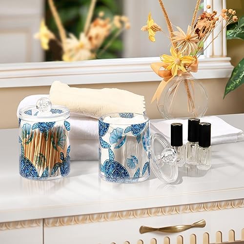 Qtip Holder Dispenser Apothecary Jars with Lids Blue Turtle Shell Clear Bathroom Container Cotton Swab Ball Holder 2 Pack
